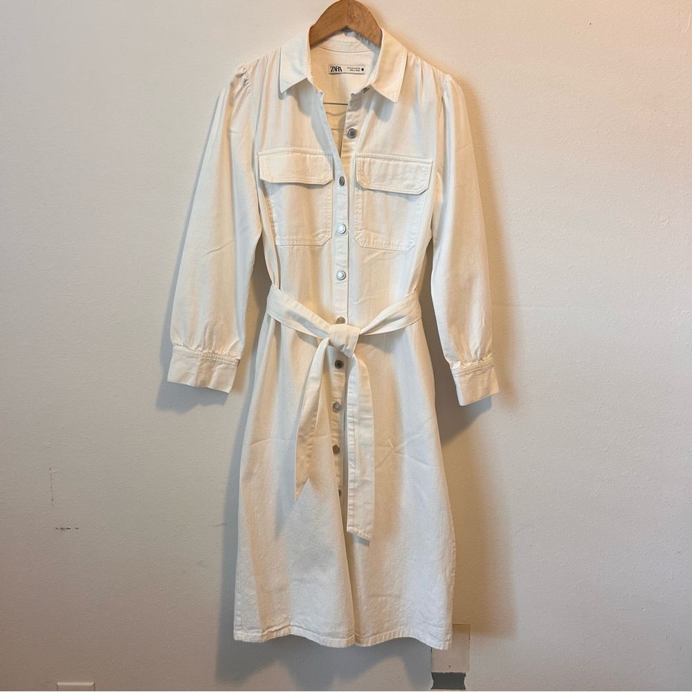ZARA M Women’s Cotton Linen Blend Elegant Cream Button-Down Denim Belted Dress - Picture 9 of 12